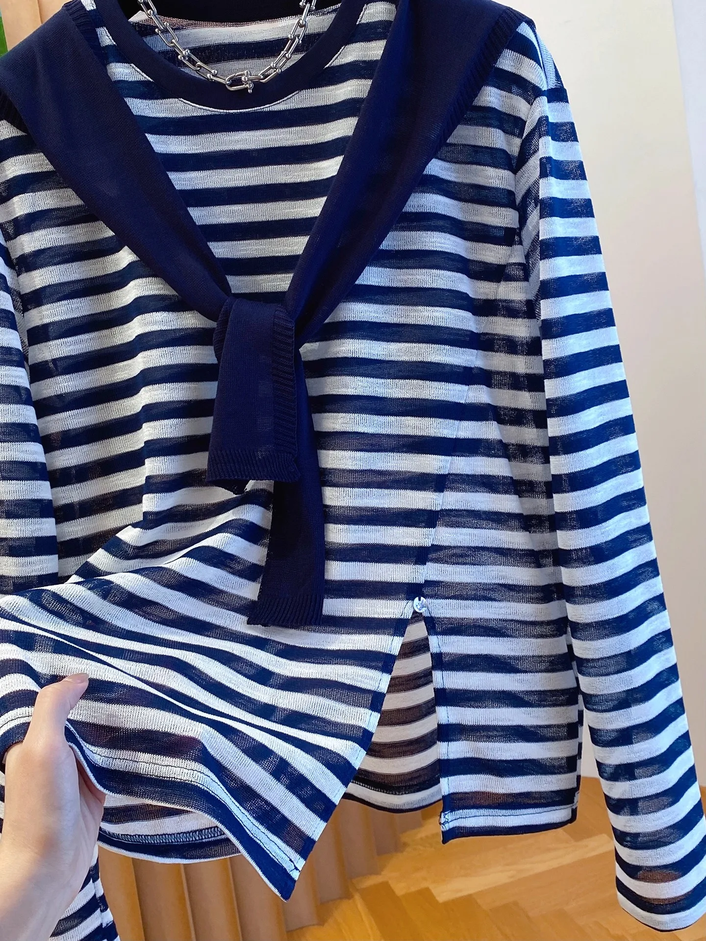 Loose Korean Sle Women's T-irt Set with oulder awl Striped Long Sve round Ne Top plus Size Autumn Early Faion