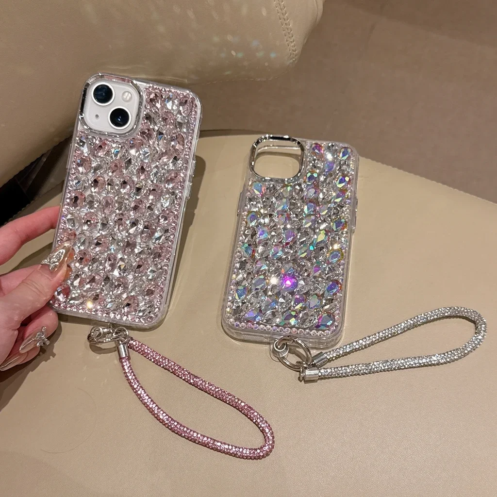 Exquisite BlingBling Stereoscopic Rhinestone Decoration Lanyard Phone Cover Case for iPhone 16 15 14 13 12 11 Pro Max Plus