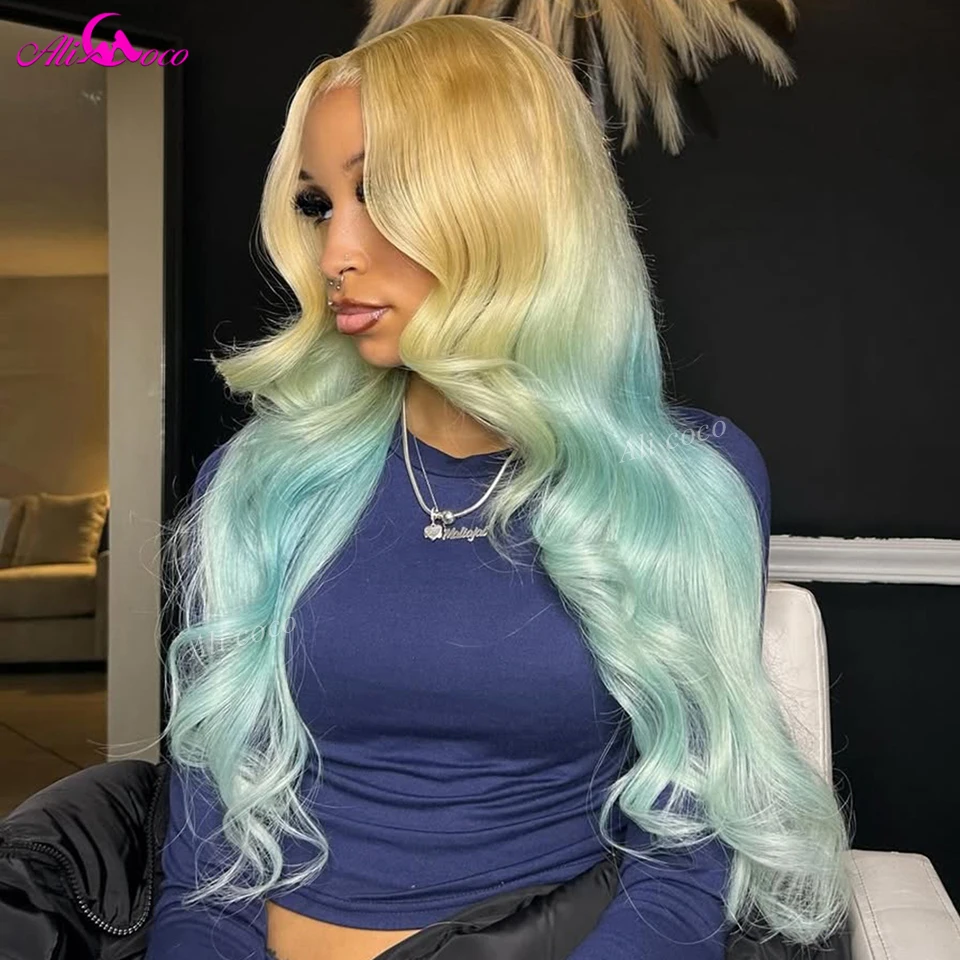 

13x6 Lace Front Wigs Ombre Blue 180 Density Body Wave 13x4 HD Lace Frontal Wig Human Hair Wig Pre Plucked for Women