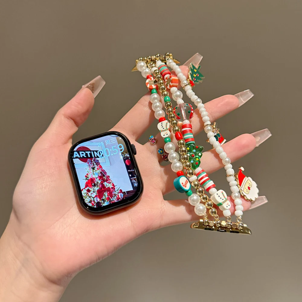 Christmas Trees Watch Bands for Apple Watch 8 Ultra 49mm Wrist Bracelet for iWatch 38 42 45mm Xmas Santa Claus Beads Watch Strap