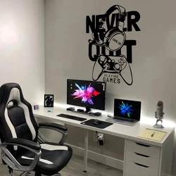 Never Quit Video Games Wall Sticker Decal Gaming Game Controller Inspirational Quote Headphone Playroom Home Decor