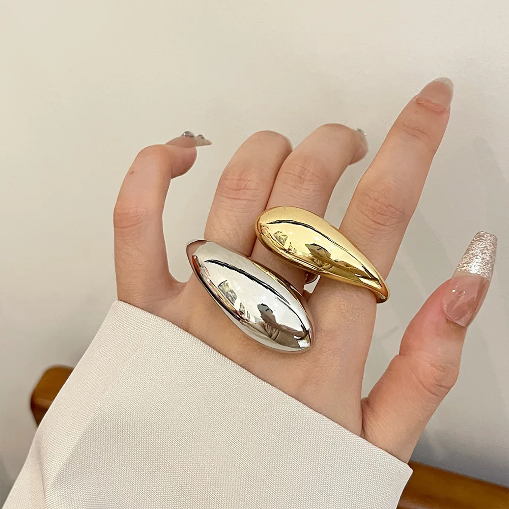 Metal Glossy Double Water Drop Open Ring for Women European and American Personality Exaggerated Trend Jewelry Accessories