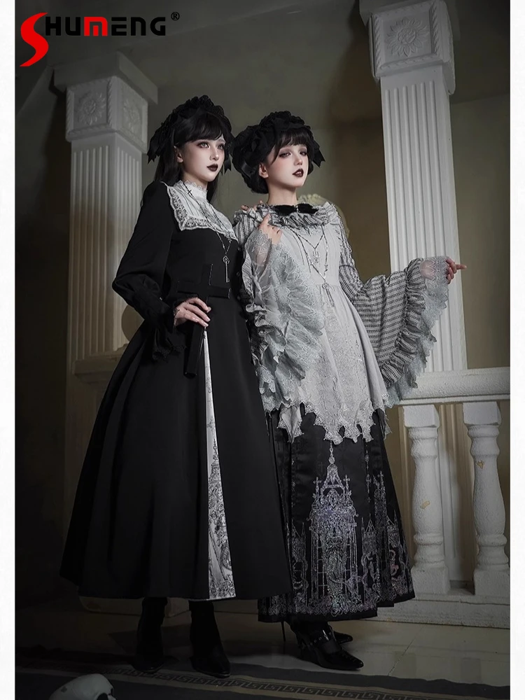 

Dark Gothic Halloween Costume Black Pleated Vintage Horse Face Long Skirt Flared Sleeve Striped Shirt OP Long Dress Set Women