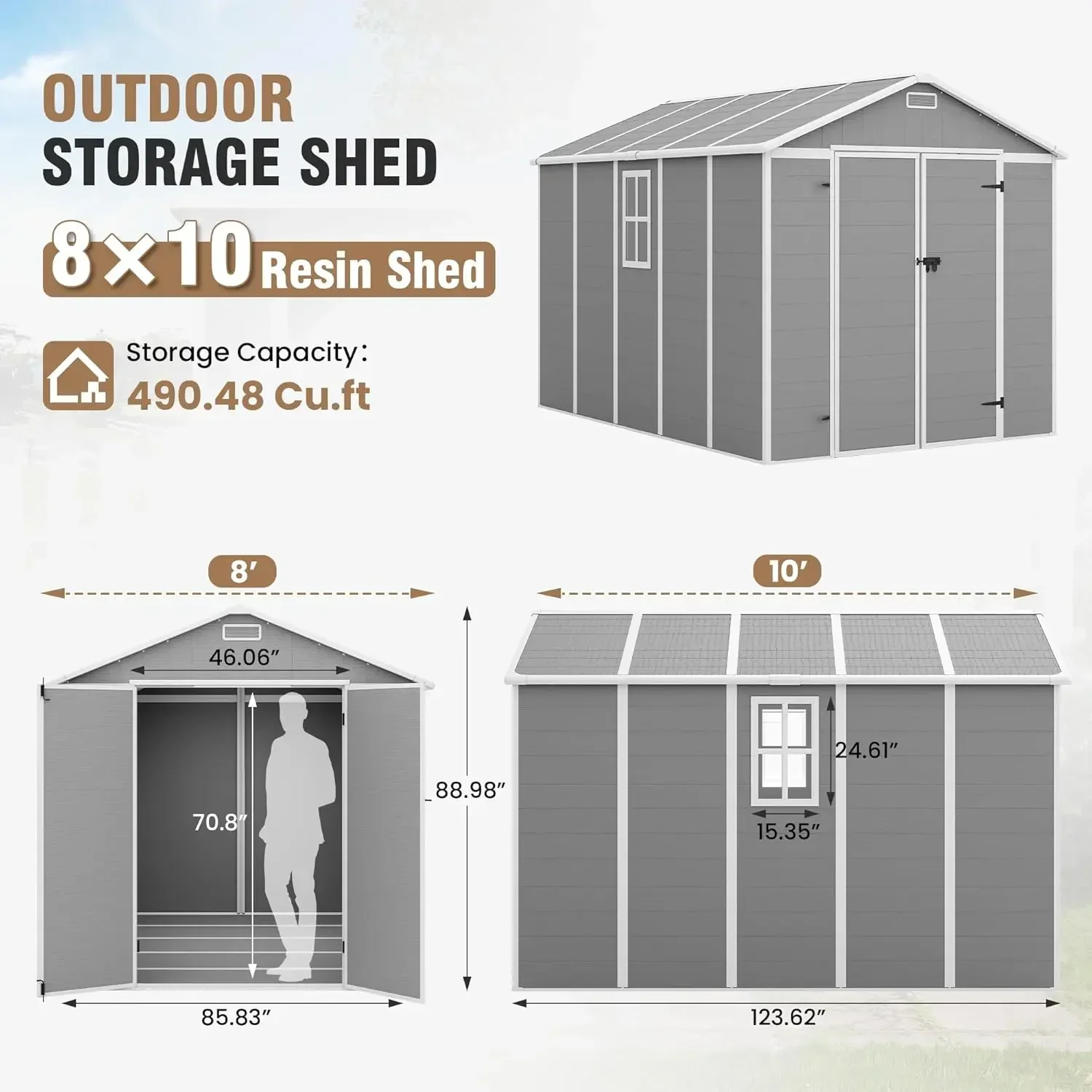 

[Best Seller!]Outdoor Storage Shed, 8x10 FT Resin Shed with Floor and Lockable Door, Vents & Window, Tool Sheds for Bike