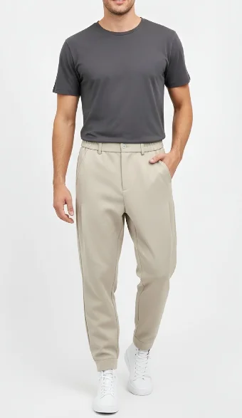 

Pleated Trousers Men's Casual Tennis Sports Style Pants with Elastic Waist Button Fly Fastener Tape Cuffs for Autumn/winter