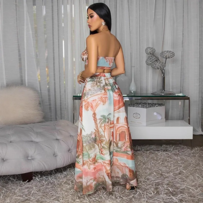 Set di abiti da festa con stampa modello Doyerl Set da due pezzi da donna Set da club per le vacanze Top corto e gonna lunga Set coordinati
