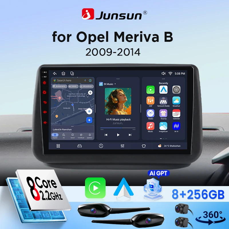 Autoradio Android Junsun 9 pouces pour Opel Meriva B 2009 2010 2011 2012-2014 avec Canbus, CarPlay sans fil et Android Auto, écran tactile IPS HD, GPS, multimédia 360 °   Lecteur multimédia avec caméra, DSP, RDS, WiFi, écran partagé, Mirror Link, Bluetooth mains libres
