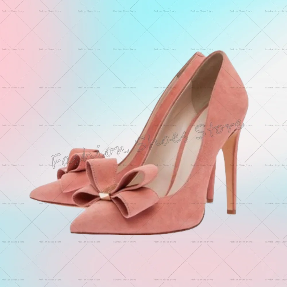 สีชมพู Bow Knot Decor Pointed Toe ปั๊มรองเท้าส้นสูงรองเท้าส้นสูงรองเท้าส้นสูงรองเท้าสตรีแฟชั่นรองเท้าส้นสูง 2025 ใหม่ Zapatos Para Mujere