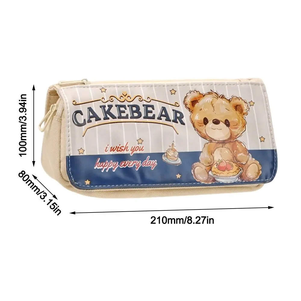 Cute Cake Bear Pencil Case Waterproof Large Capacity Pen Bag with Handle Multi-layer Stationery Storage Pouch