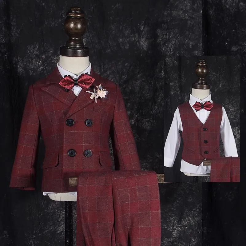 Boy's Red Plaid 4pcs Suit Set With Blazer Trousers Vest Bowtie For Formal Occasions Performances Weddings Birthday Parties