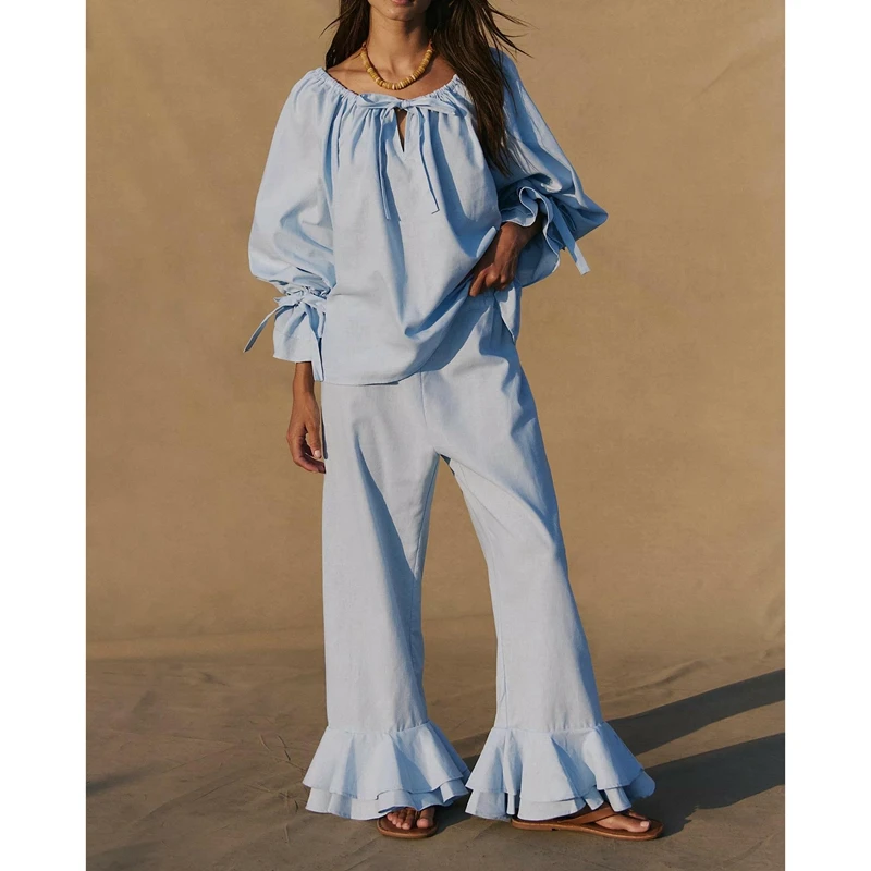 Combhasaki conjunto feminino de 2 peças, cor sólida, loungewear, cordão, laço, gola redonda, camisa + bainha plissada em camadas, calças compridas flare