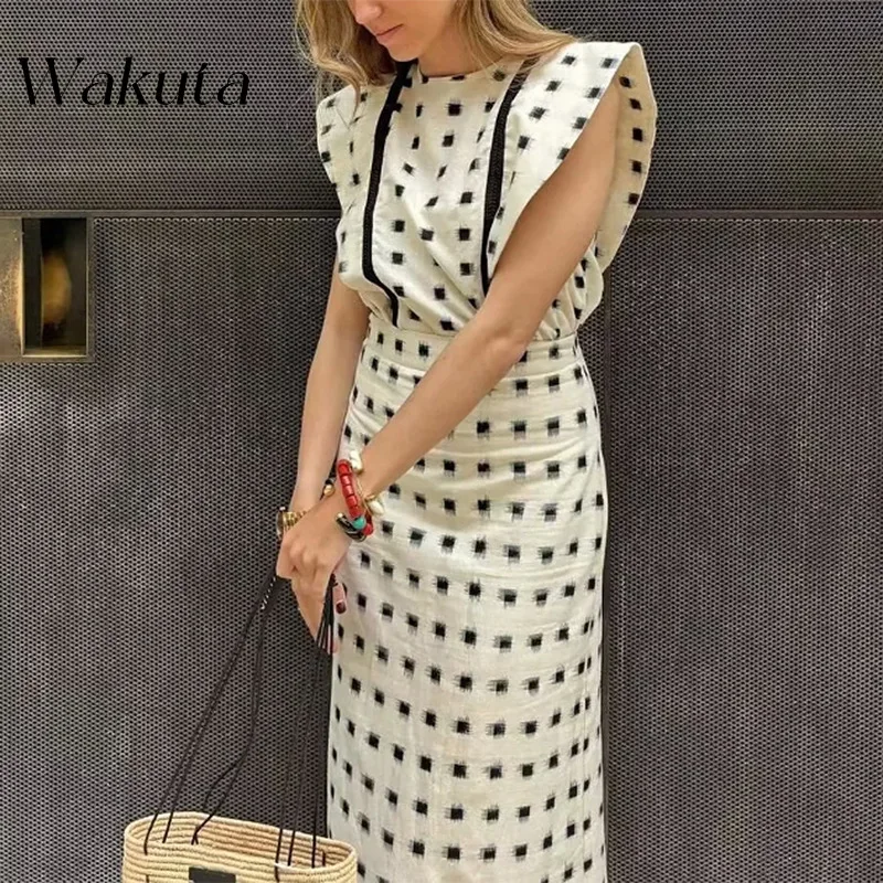 WAKUTA  Autumn Comfortable Casual Flying Sleeve Checkered Tanks+High Waist Skirt Slimming Set Women's Fashion American Retro Set