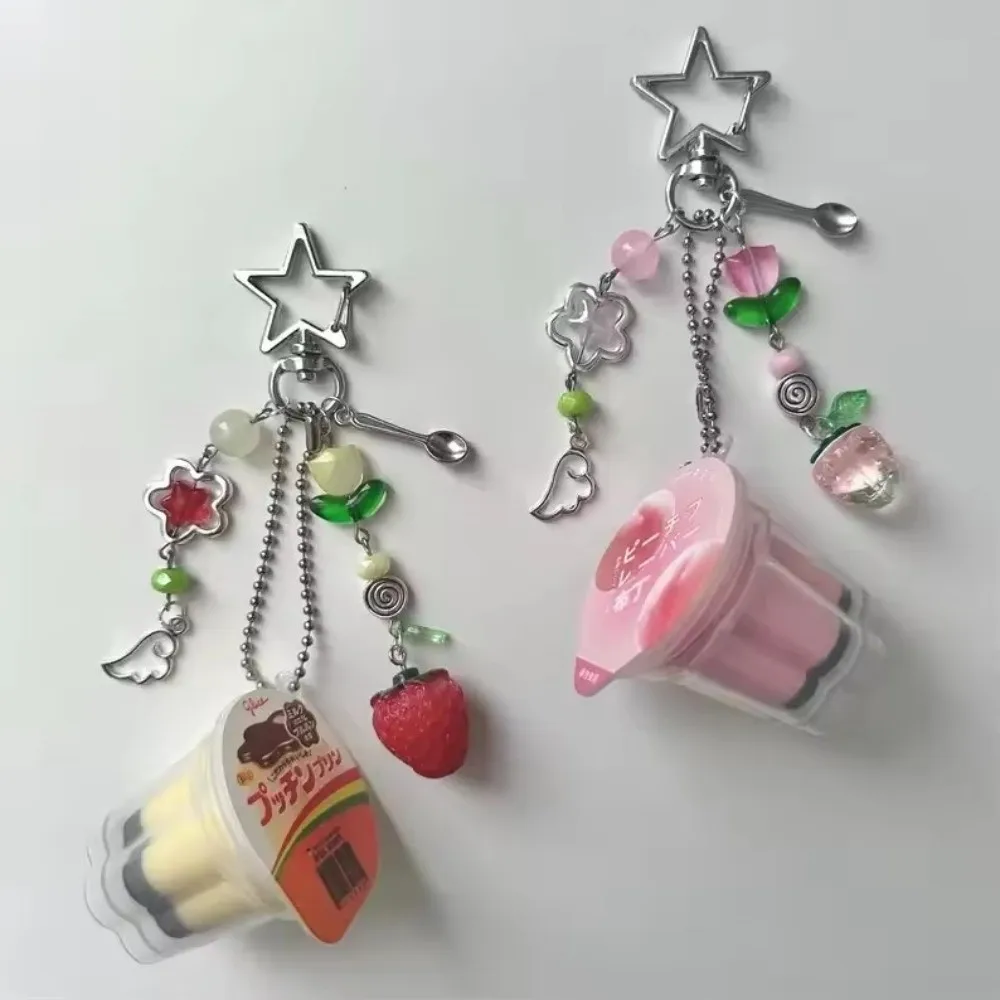 Pink Yellow Japanese Pudding Keychain Punk Stars Retro Aesthetic Beaded Accessory Colorful Beads Moon Sun Pendant Egg Flan Charm