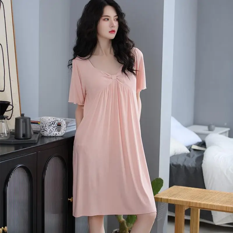 

150kg Large Size Ice Silk Pajamas Dress Women's Casual Short-sleeved Nightdress Cupsion Sleepwear Can Be Worn Outwear Loungewear
