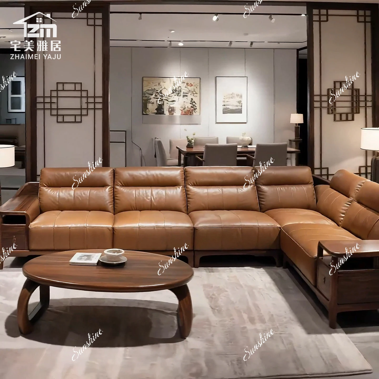 Light luxury all-solid wood leather sofa modern new Chinese villa model room furniture
