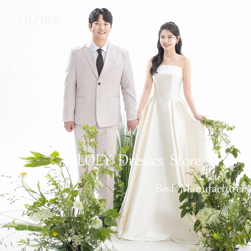 OLOEY Elegant Ivory Strapless Wedding Dress Korea Photoshoot Pleats Satin Bridal Gown Sleeveless A Line Floor Length Custom Made