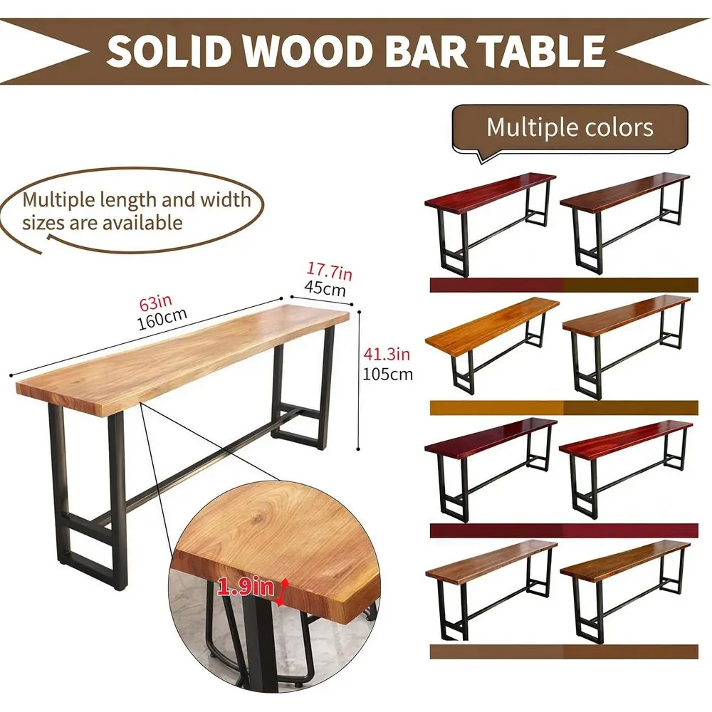 طاولة بار صناعية من الخشب الصلب السميك مقاس 1.9 بوصة، طاولة حانة ذات ارتفاع حافة حية ريفية لجزيرة المطبخ، وتناول الطعام، والمقهى، بدون ستو