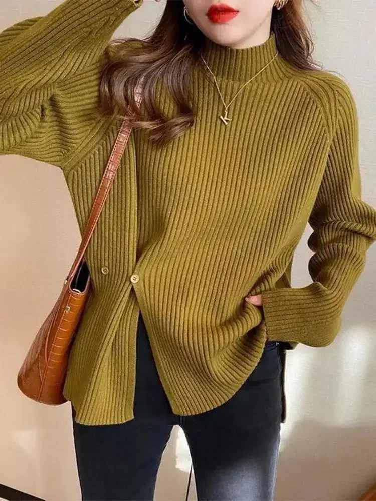 2024 Women Sweater Pullovers Turtlneck Casual Autumn Winter Split Fork Button Chic Sweater Female Slim Knit Top Soft Jumper Tops