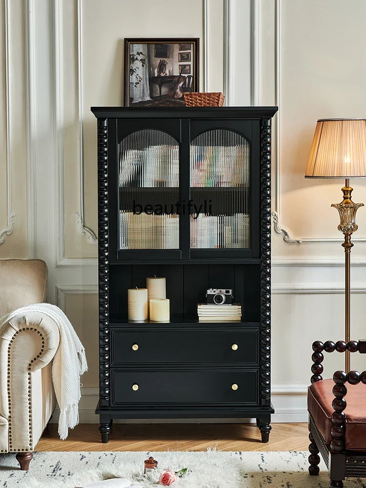 

zq1Black solid wood bookcase French retro style living room with glass door wine cabinet display cabinet
