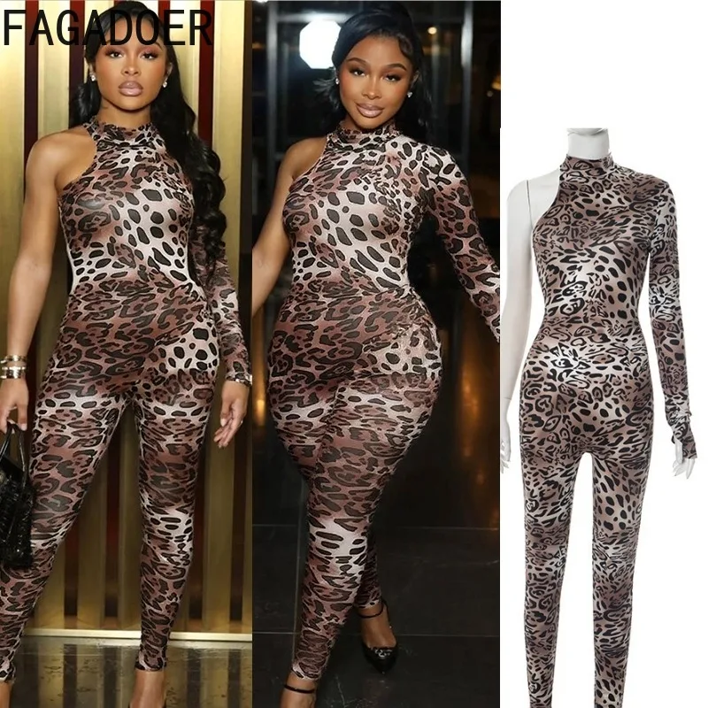 

FAGADOER Summer New Sexy Leopard Print Bodycon Jumpsuit Women Long Sleeved Backless One Piece Rompers Female Streetwear Overalls