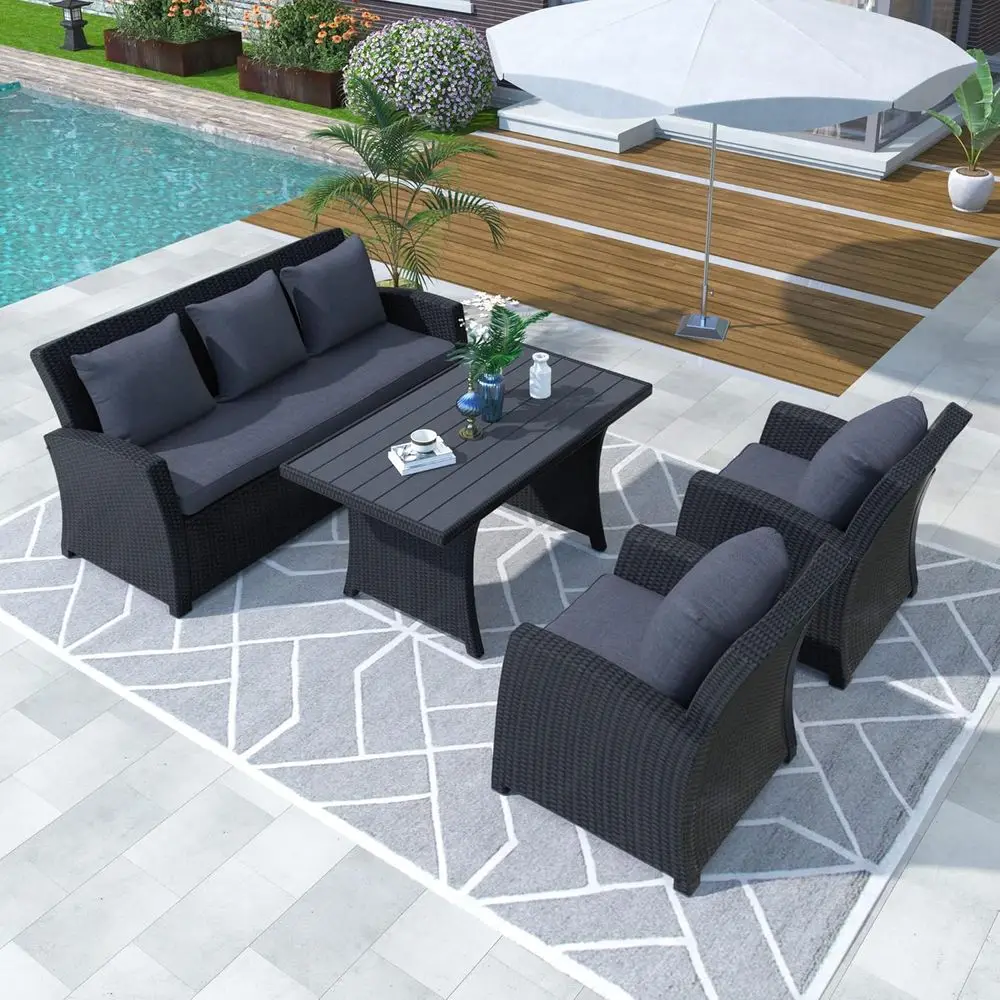 

All-Weather Outdoor Wicker Sectional Sofa Set with Table and Grey Cushions