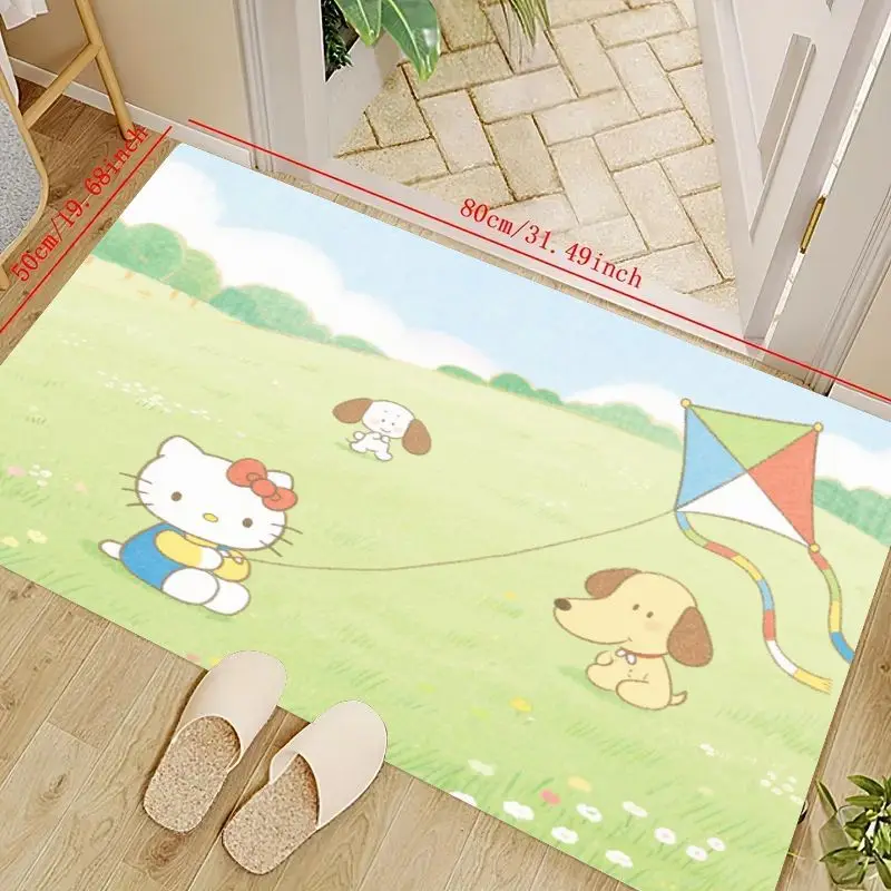 

1 шт. напольный коврик Hello Kitty Sanrio с героями мультфильмов, милые собаки, летающий змей, зеленый полевой дизайн, мягкий нескользящий декоративный ковер для