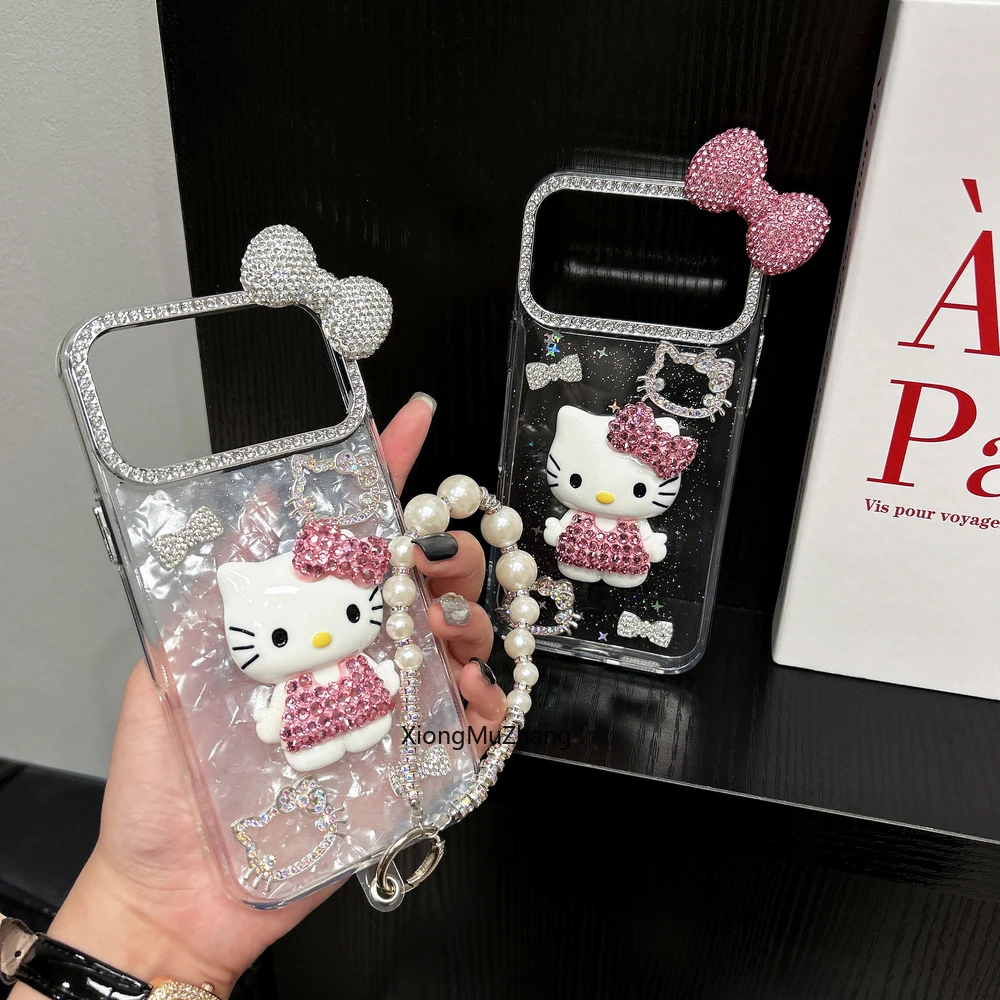 3D-Stereoskopische Handyhülle für iPhone 18 17 16 15 14 13 12Pro Max Niedliche Cartoon Sanrio Hello Kitty Schleife Glitzernde Lanyard-Hülle – Detail 1