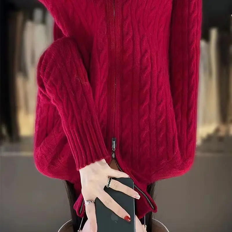 

Новинка 2025 года, корейский высококачественный осенне-зимний вязаный кардиган с воротником-стойкой, женский свитер, куртка, женский свитер, пальто, трикотаж