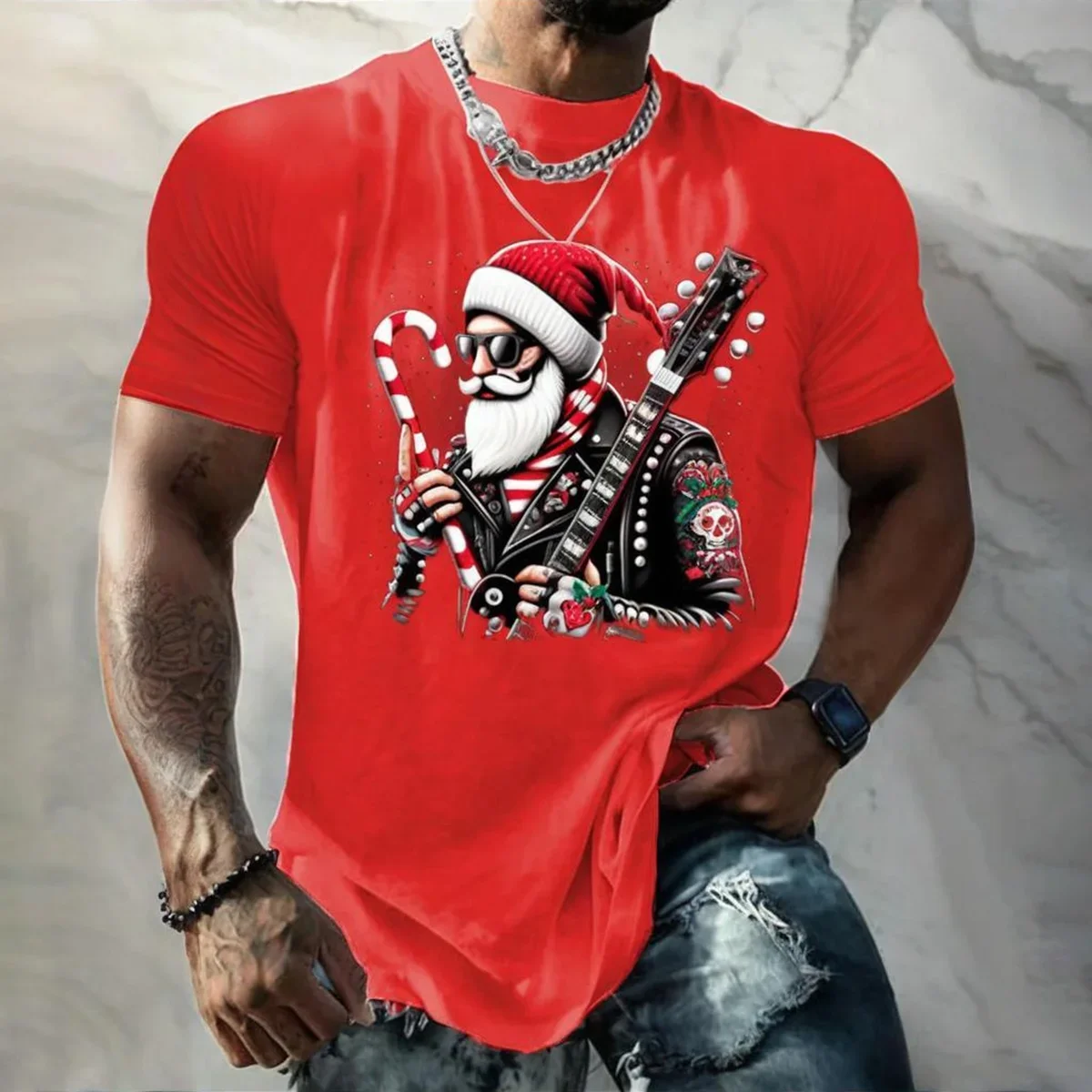 

Men's 3D Santa Claus Christmas T-Shirt - Rock Style Holiday Graphic Tee Christmas Party Casual Wear Holiday Party T-Shirt