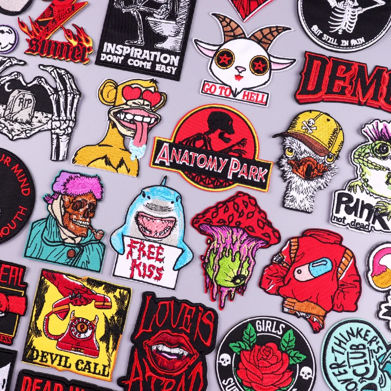 Punk Animal Embroidery Patch Iron On Patches For Clothes Demon Skull Embroidered Patches For Clothing Funny Patch On Clothes DIY