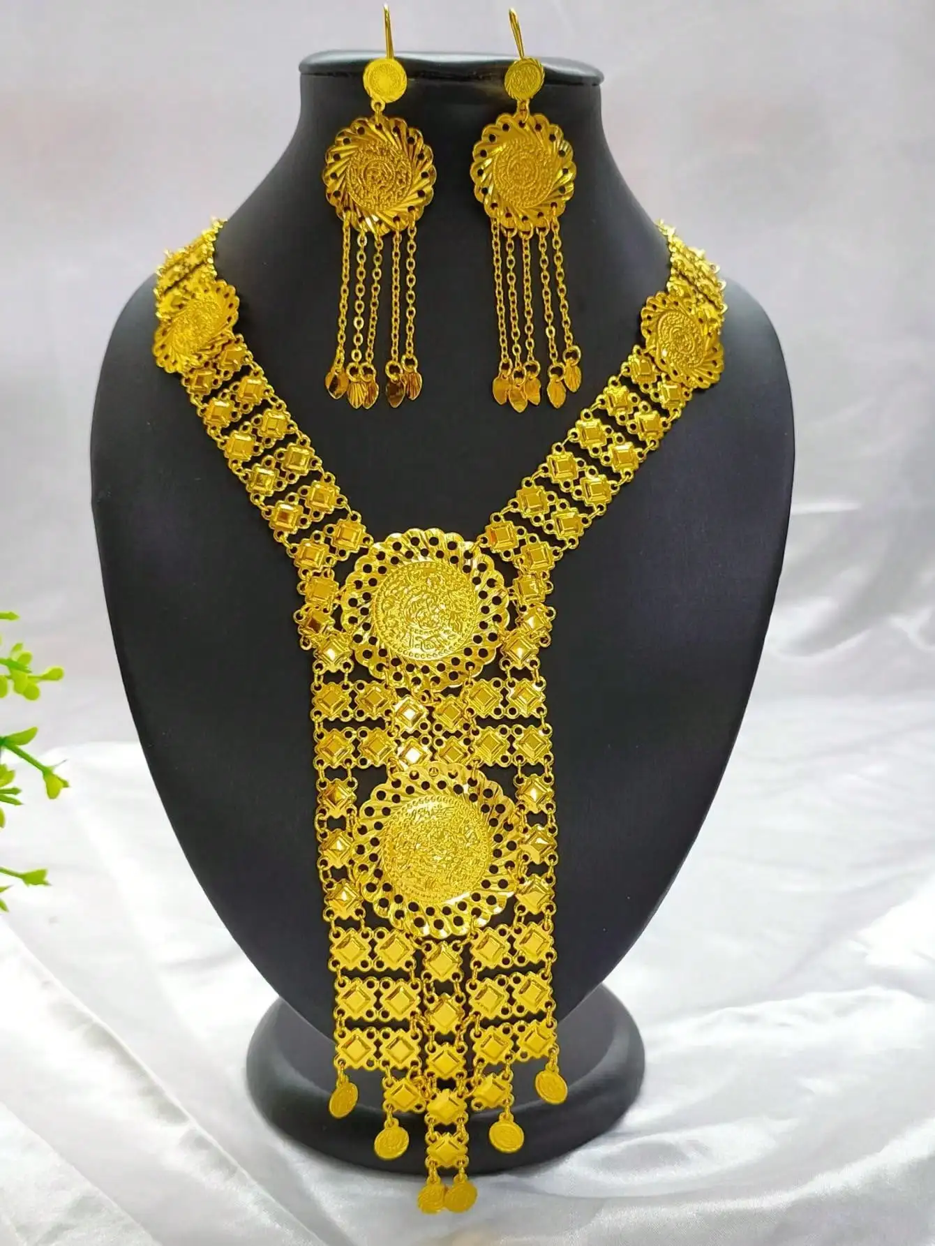 

Dubai Indian African Coin Tassel Necklace Earrings Jewelry Set For Women 24K Gold Plated Nigeria Bridal Wedding Party Gift Jewel