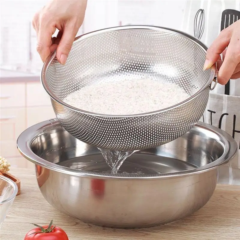 Stainless Steel Kitchen Colander Strainer Vegetable Washing Basket Bowl For Rice Vegetable Fruit Pasta Drain Basket For Home