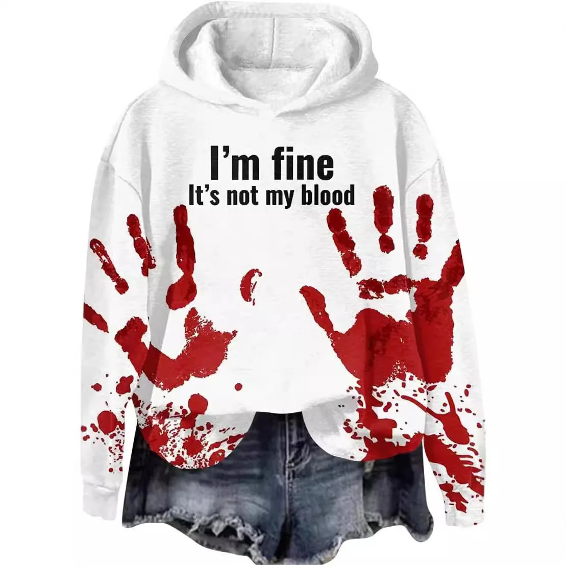 

2042 Autumn/Winter Women's Hooded Sweatshirt Comfortable Long Sleeve 3D Alphabet Blood Hand Ethnic Tribe Pattern New Horror