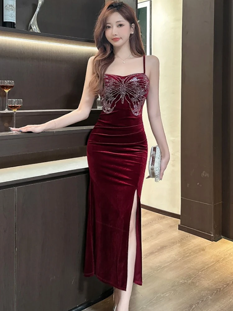Women Red Velvet Diamonds Butterfly Square Collar Sling Dress 2025 Korean Vintage Luxury Evening Dress Autumn Elegant Prom Dress