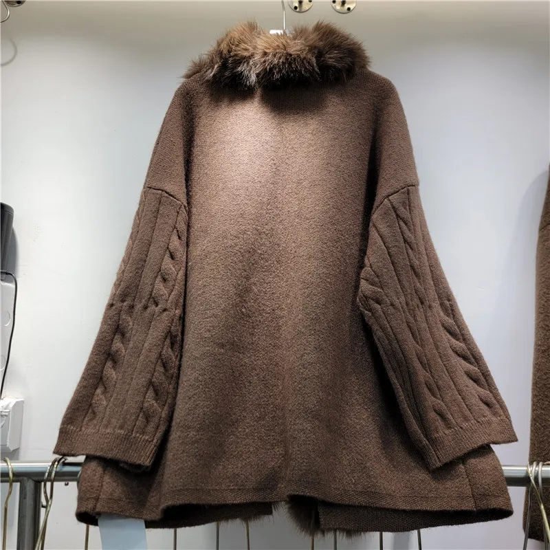 High Quality Imitation Fox Fur Collar Patchwork Knit Sweater Cardigan Jacket Loose Casual Big Pocket V-Neck Long Sleeve Knitwear