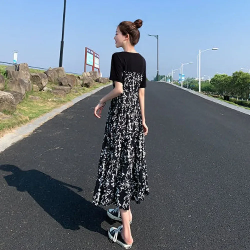 

New Summer Korean Version Elegant and Loose Floral Dress Short Sleeved Printed Patchwork Bandage for Women's Long Dress