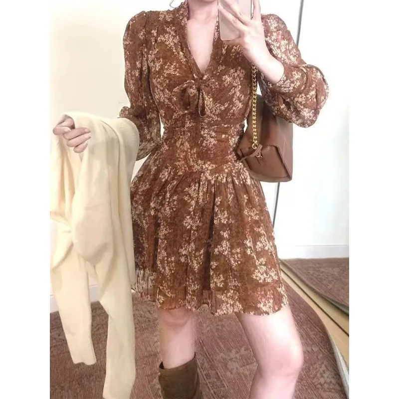 Robe élégante à manches longues, nouveau Style français rétro, tempérament Floral, col en v, taille ruban, polyvalente, à la mode, automne