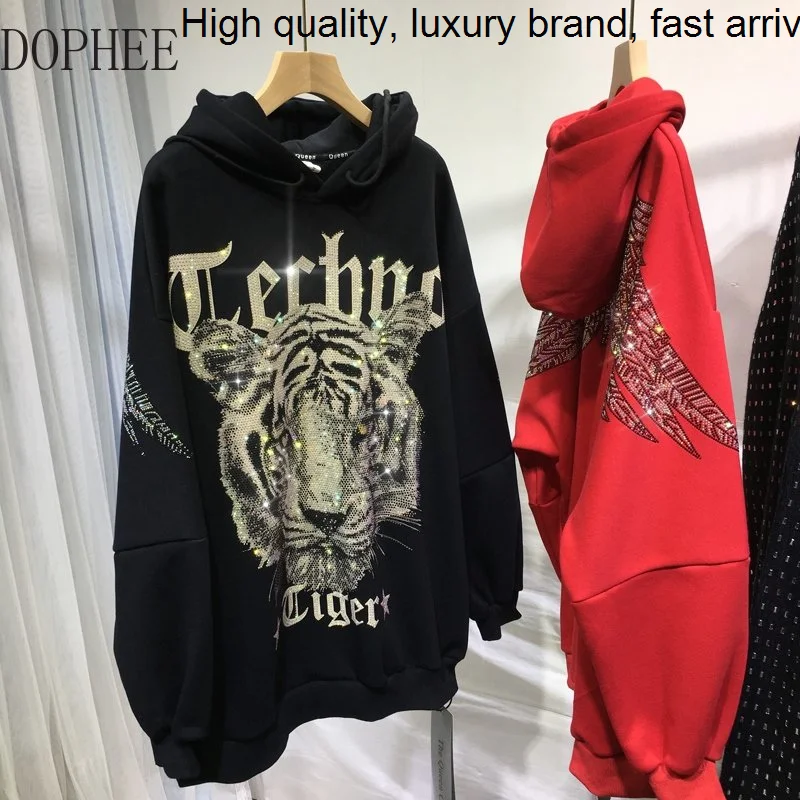 Tiger Luxury Domineering Hot Drill Mid-long Hooded Hoodie Pullovers Top Trendy Autumn Winter Outwear Thicken Fleece Sweatshirt