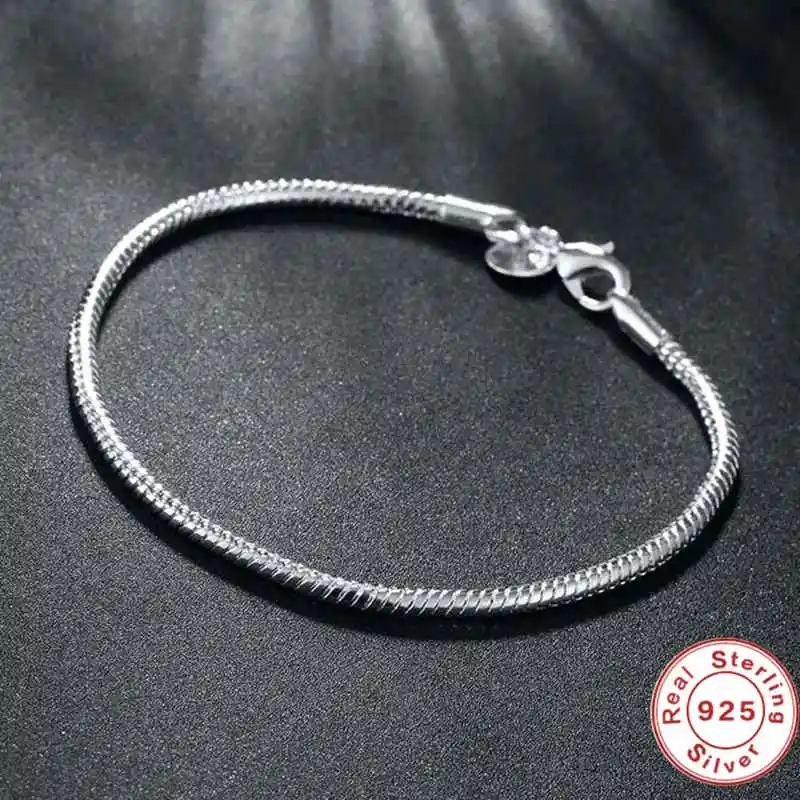 

925 Sterling Silver 3mm Snake Chain 8 inches Basis Bracelet For Woman Charm Wedding Engagement Fashion Party Jewelry