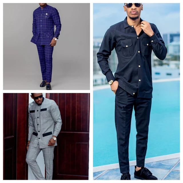 New Classic Men s Two piece Suit Pants Jacket T shirt Solid Color Iong Sleeve Festival Wedding African National Style Clothing