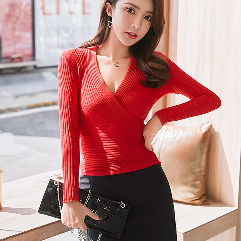 Autumn Women Red Sweater Sexy Elegance Cross V-Neck Long Sleeve Slim Pullover Tops Office Lady T-Shirts Strecth Knitted Clothing