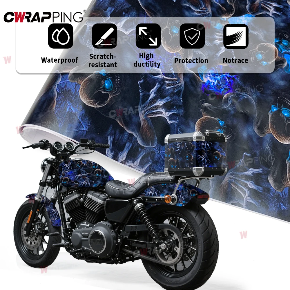 

Motorcycle Stickers Blue Skull Sticker Car Sticker Vinyl Wrap Air Release Decal for Computer Scooter Car Motorcycle Protection
