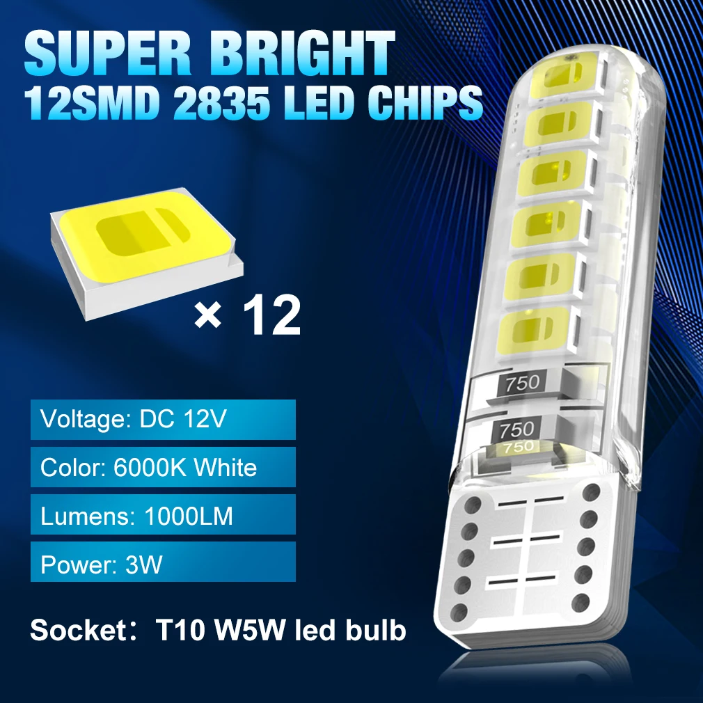 2/10x W5W T10 Led Bulbs Canbus 168 194 12pcs 2835 Chips Car Interior Dome Reading License Plate Light Signal Lamp 6000K 12V