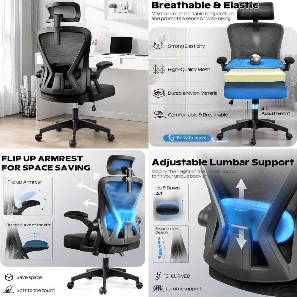 

Ergonomic High-Back Mesh Office Chair with Flip-Up Armrests and Headrest for Comfortable Home Desk Use