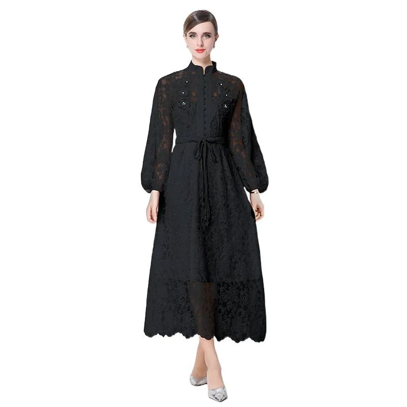 الرجعية طويلة الدكتور المطرزة العمل الثقيل للذوبان الدانتيل تنوعا عالية الخصر ثوب لجميع المواسم الصينية Sle المرأة Faion #4