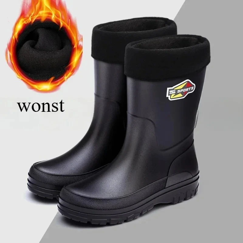 Winter Men's Mid-Calf Rain Boots Pure Black Fishing Boots Slip-Resistant Large Size 30-48 Waterproof Rubber Shoes Eco-Friendly