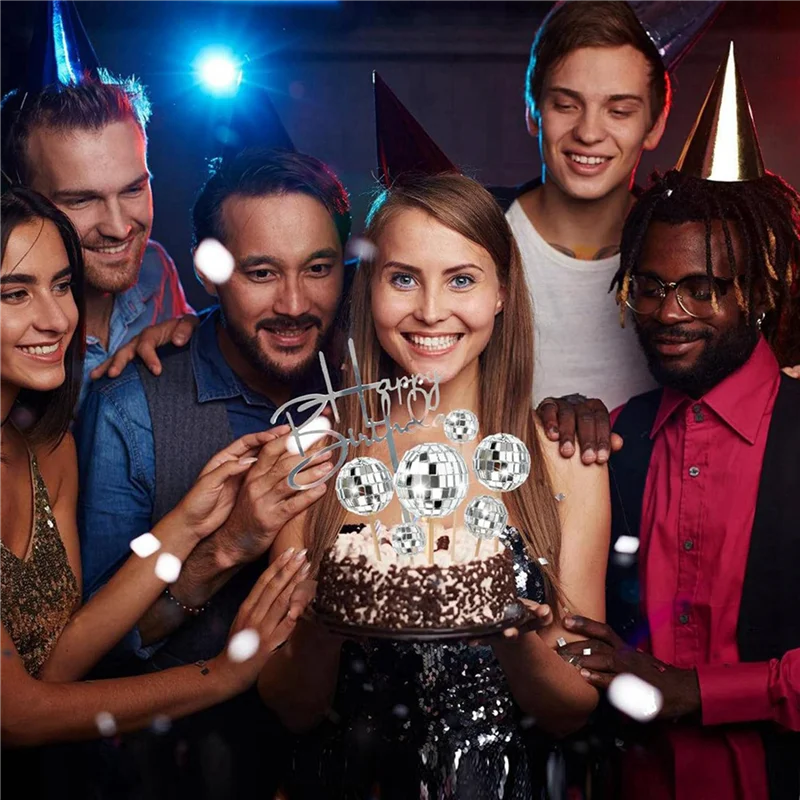 A02M-48Pcs ديسكو الكرة كب كيك القبعات العالية كعكة عيد ميلاد سعيد توبر ديسكو الكرة كعكة يختار موضوع كعكة ديكور لحزب موضوع ديسكو