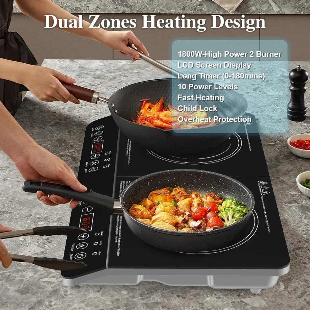 Double Induction Cooktop,1800W 8/10 Temperature & Power Levels, 3-hour Timer and Safety Lock, Portable Electric Stove