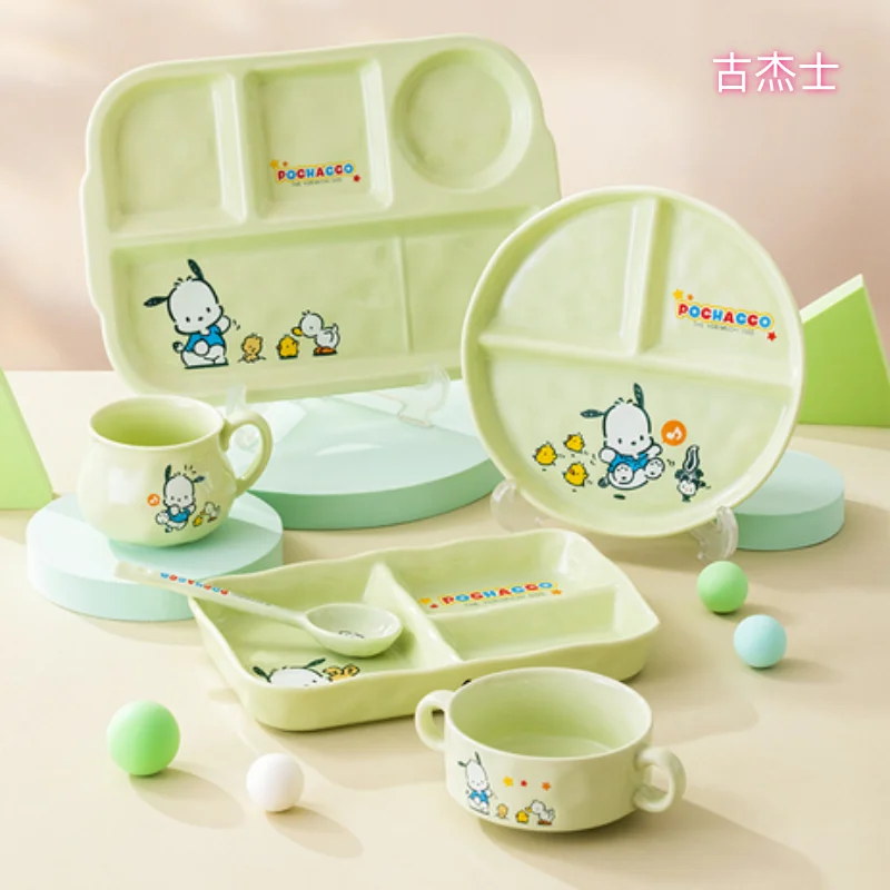 Plato dividido de cerámica para niños Sanrio Pochacco, plato de cena con compartimentos redondos, taza de dibujos animados, vajilla disponible en microondas
