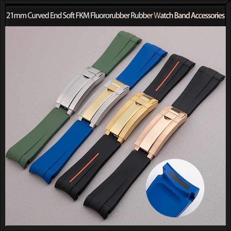 21mm Curved End FKM Fluororubber Rubber Watch Band Accessories For Rolex Strap For 41mm Submariner Explorer 216570 Slider Buckle